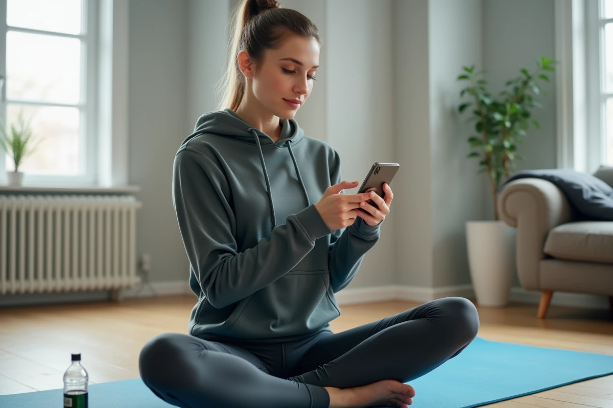 Femme sportive consultant un tableau de conversion allure course sur smartphone