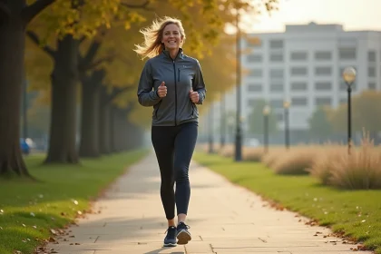Femme sportive marchant dans un parc urbain en matin&eacute;e