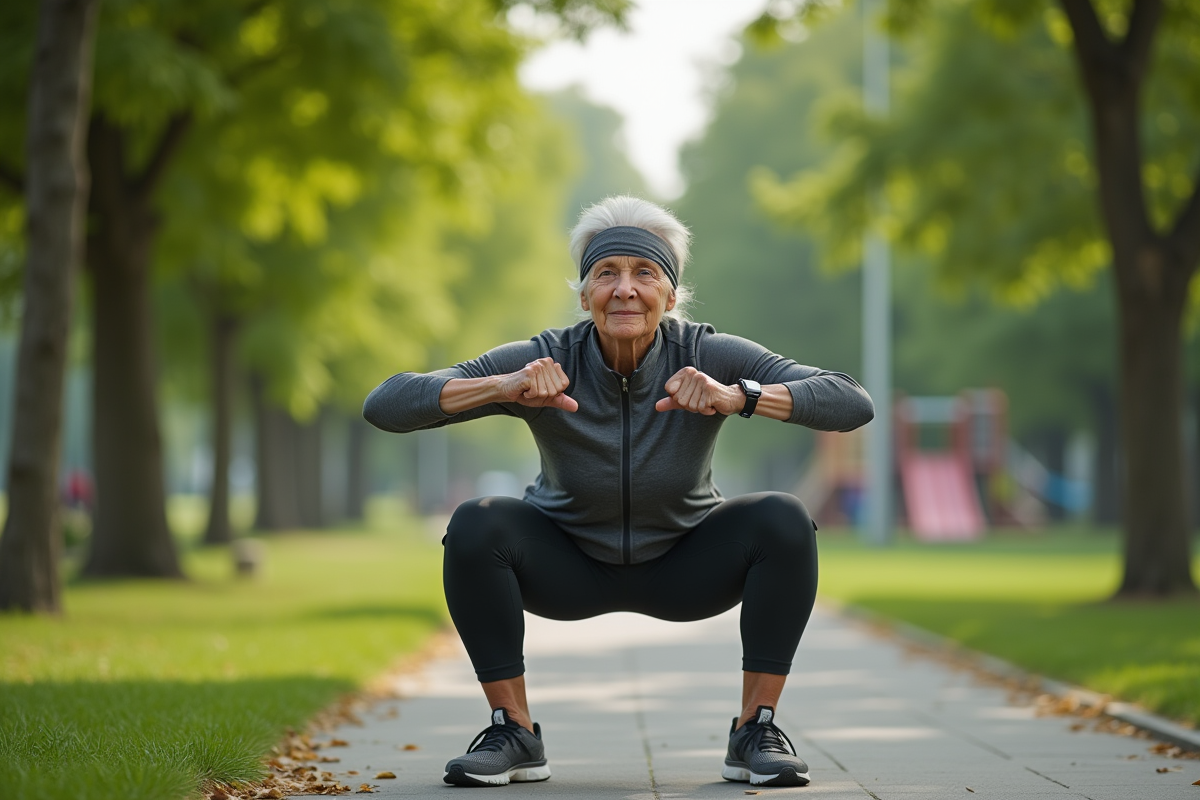 Femme âgée faisant des squats dans un parc vert et accueillant