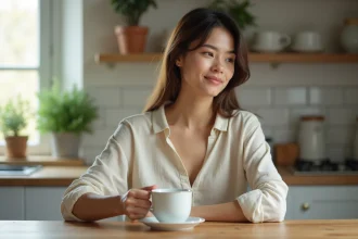 Femme sereine versant du thé lulutox dans une tasse dans la cuisine