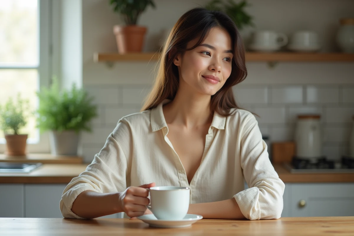 Femme sereine versant du thé lulutox dans une tasse dans la cuisine
