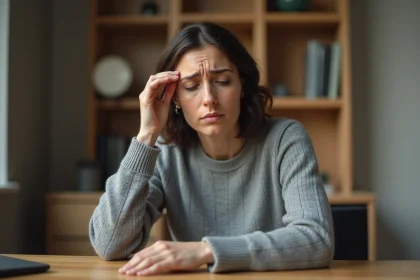 Femme en télétravail souffrant d'une tête lourde et de vertiges soudains, assise à son bureau