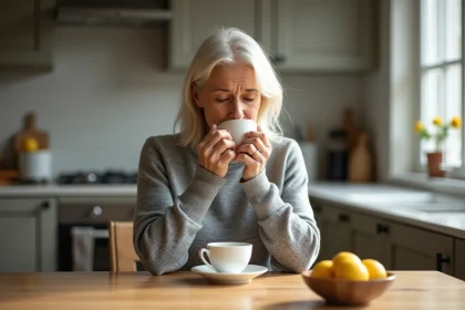 Femme d&eacute;tendue buvant une tisane contre la toux