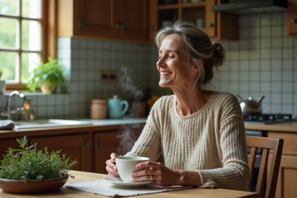 Femme d&eacute;tendue sirotant infusion de thym dans la cuisine