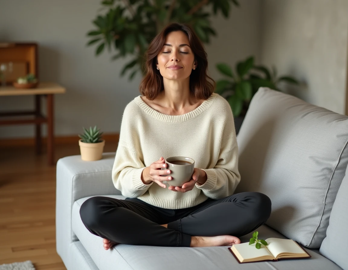 Femme en train de boire une tisane apaisante pour calmer la faim nerveuse et le stress, assise confortablement dans un salon chaleureux