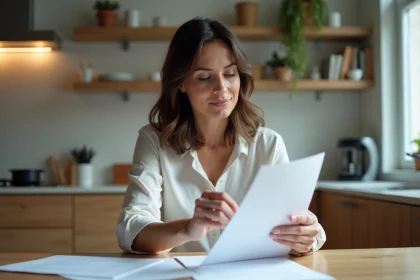 Femme concentr&eacute;e &agrave; la maison en train de remplir un formulaire