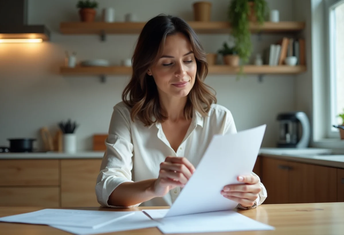 Femme concentrée à la maison en train de remplir un formulaire