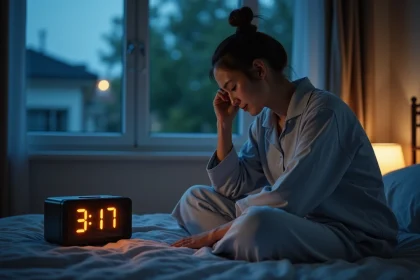 Femme d'&acirc;ge moyen &eacute;veill&eacute;e regardant l'horloge la nuit