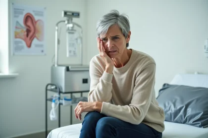 Femme d'âge mûr exprimant des vertiges persistants lors d'une consultation médicale pour névrite vestibulaire