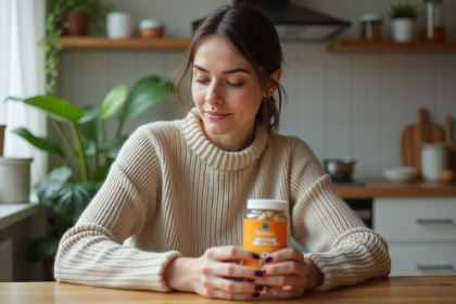 Femme lisant une bouteille de vitamines dans la cuisine