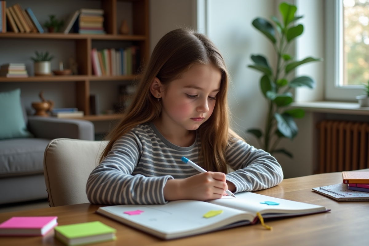 Jeune fille étudie seule à la maison avec un cahier coloré