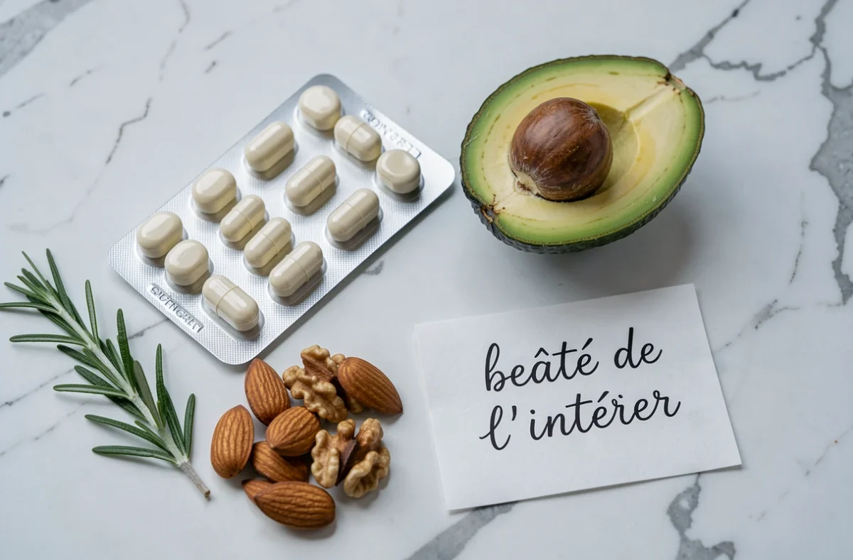 Flat lay de capsules de compléments alimentaires pour ongles peau et cheveux avec des aliments riches en biotine sur marbre blanc