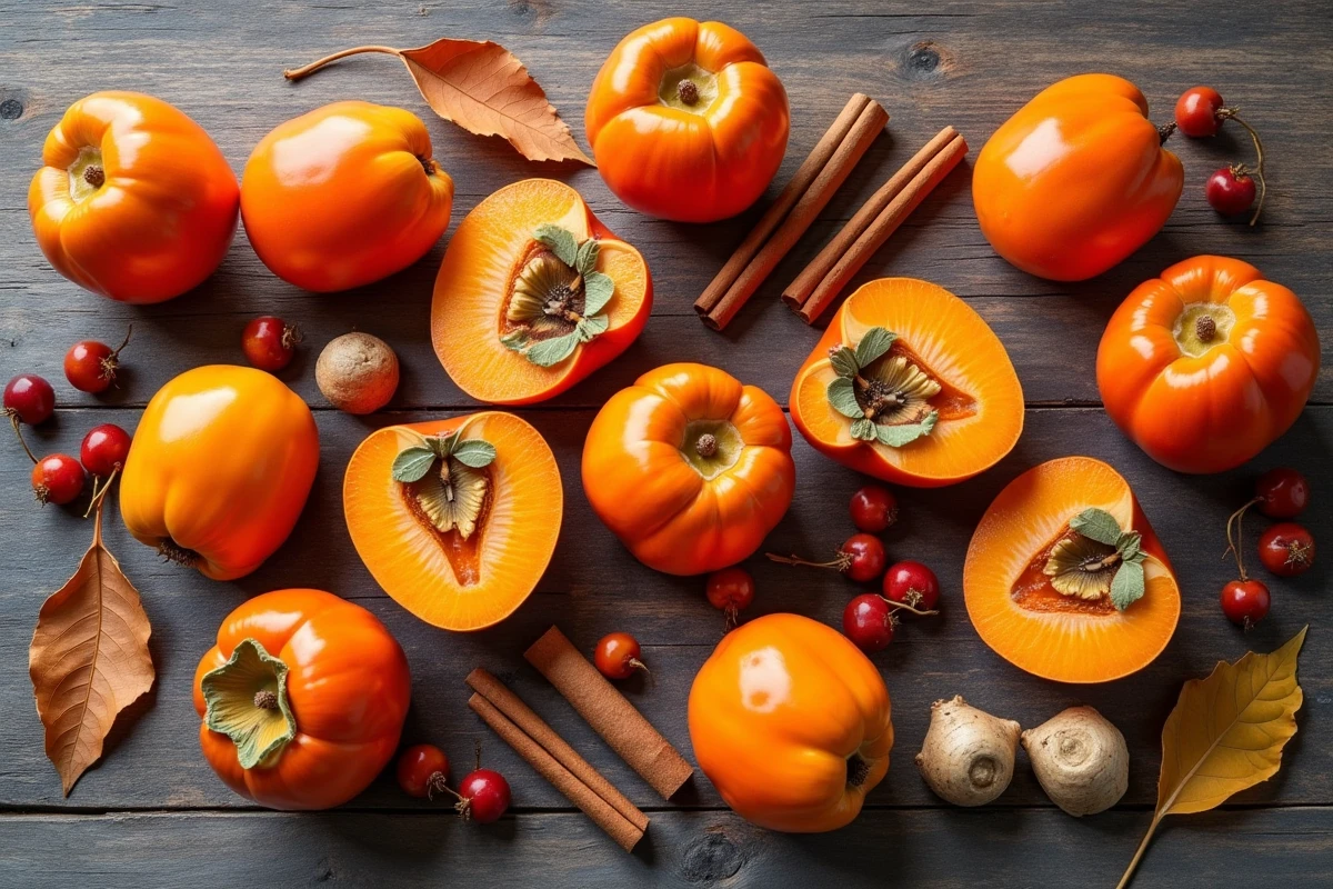 Composition en flat-lay de kakis entiers et coupés avec épices et baies d'automne sur bois brut, idéale pour illustrer une cure automnale de kakis et leurs bienfaits nutritionnels
