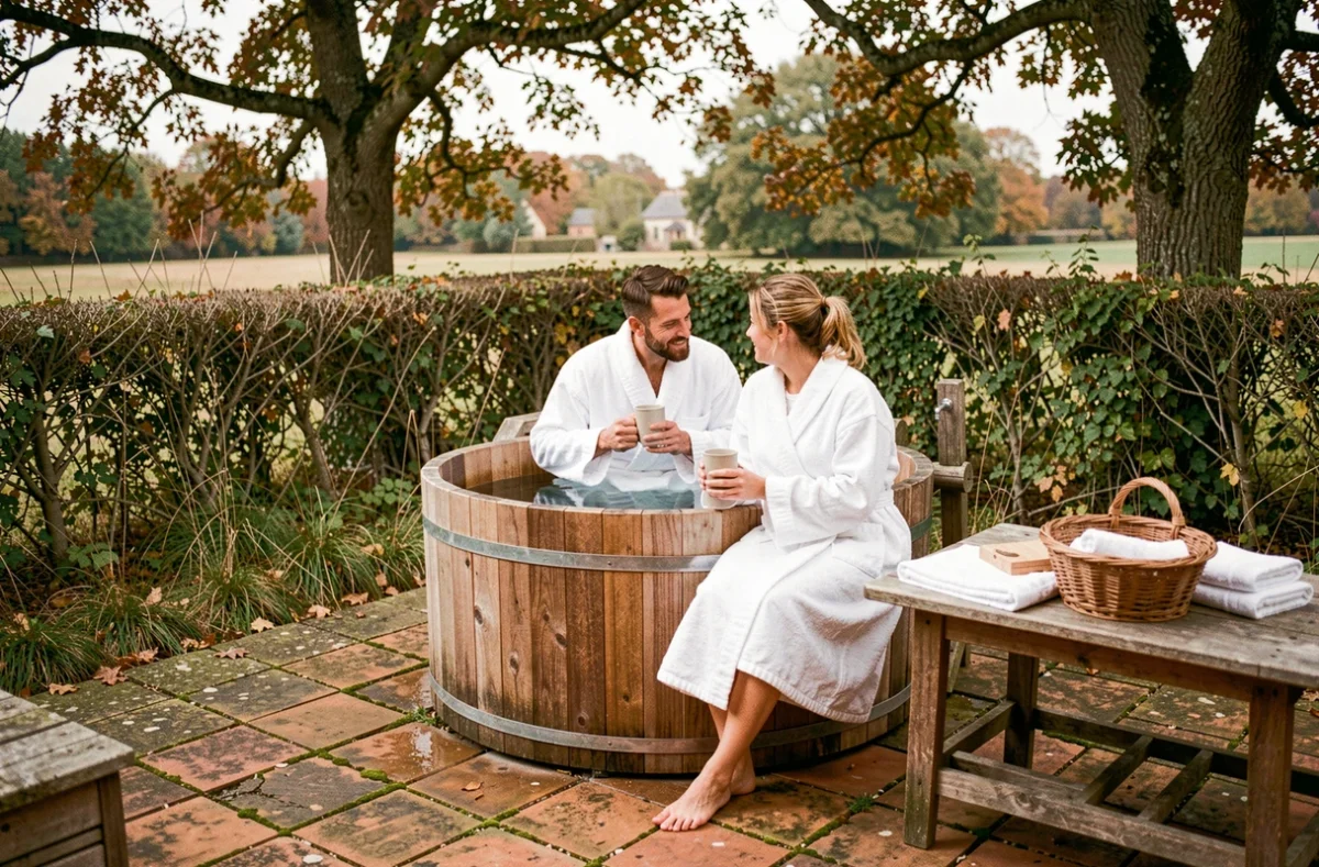 Couple en robes de bain dans un gîte avec spa privatif en pleine campagne du Cher à l'automne