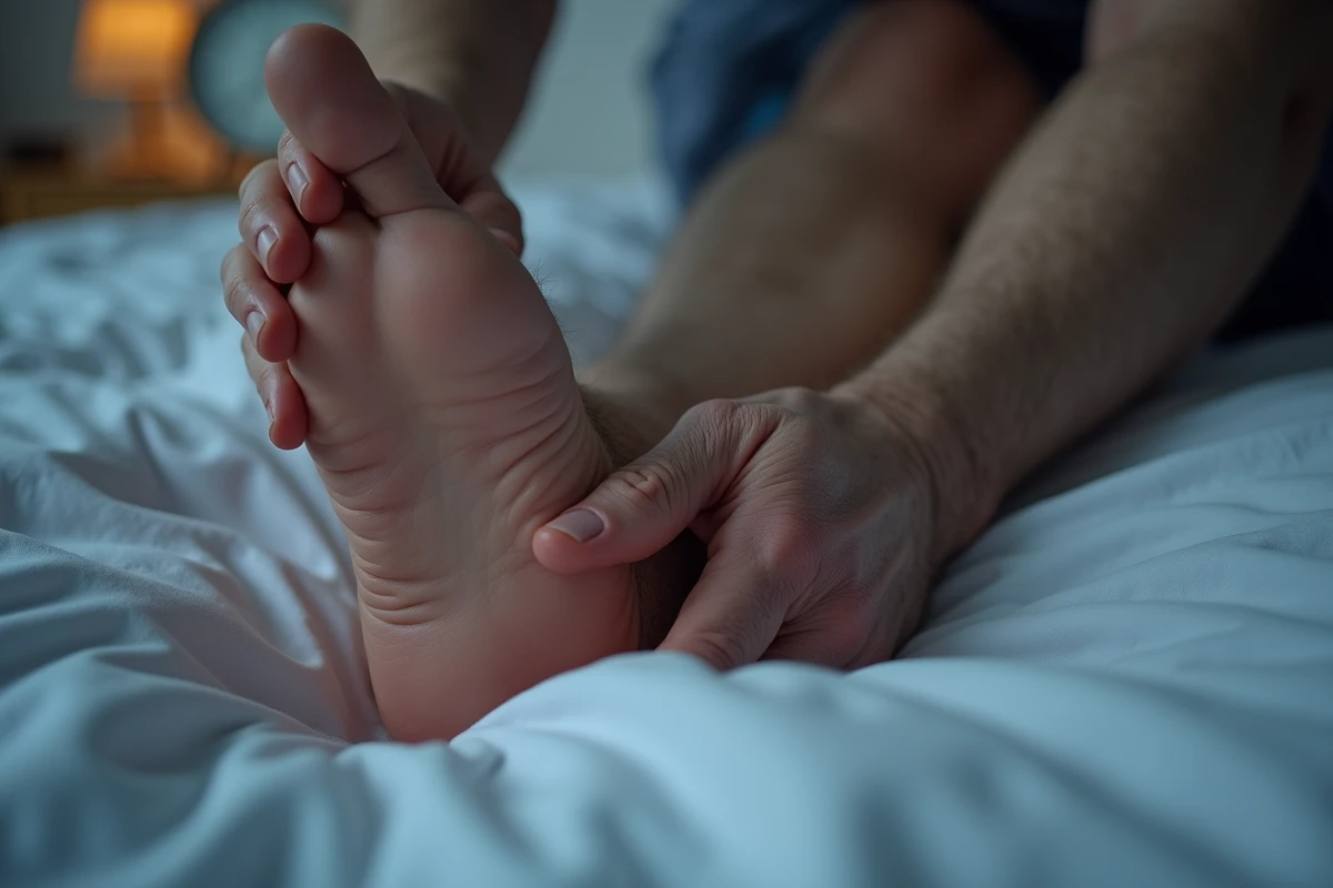 Gros plan d'un mollet contracté et d'une main massant la jambe pour soulager une crampe nocturne douloureuse