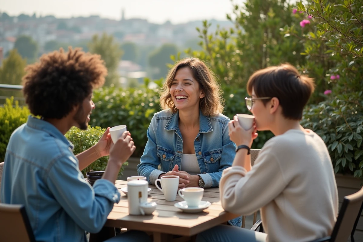 Groupe d amis partageant un thé lulutox en extérieur sur une terrasse