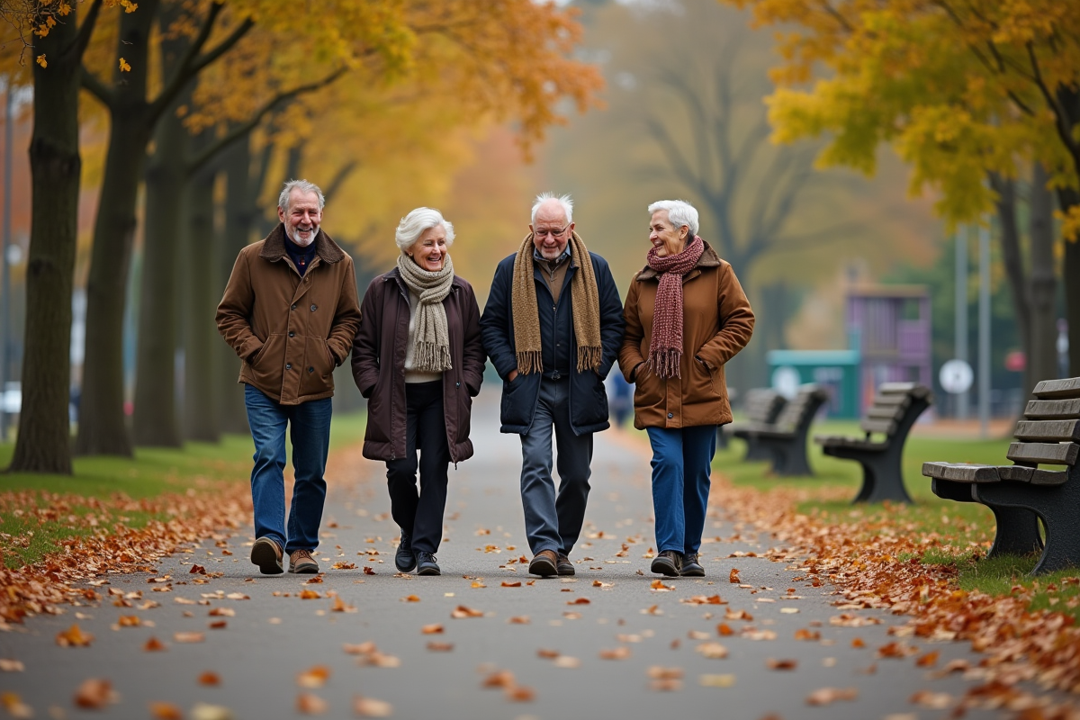 Groupe de seniors marchant dans un parc en automne