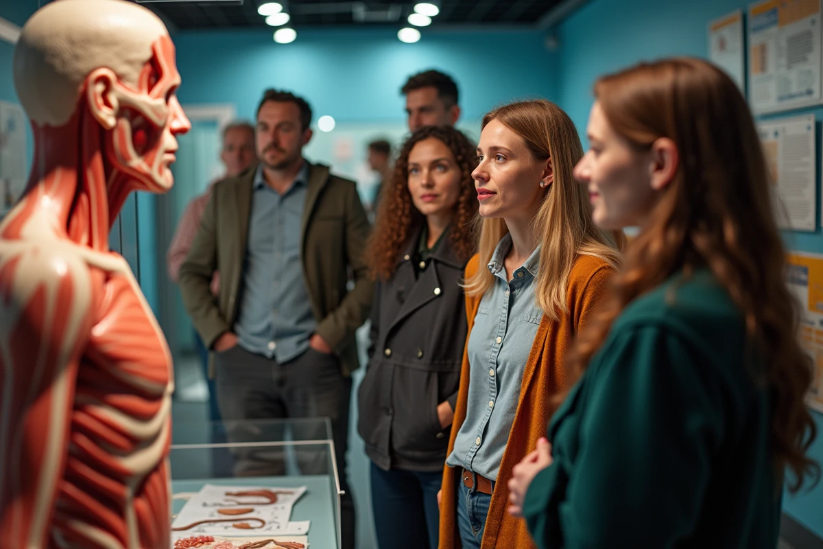 Groupe de visiteurs observant un modele anatomique au mus&eacute;e