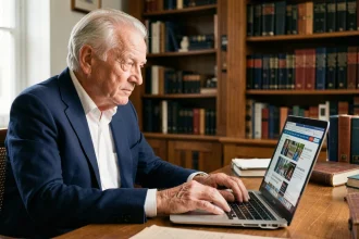 Homme âgé consulte des informations sur Alain Madelin sur un ordinateur portable dans un bureau à domicile
