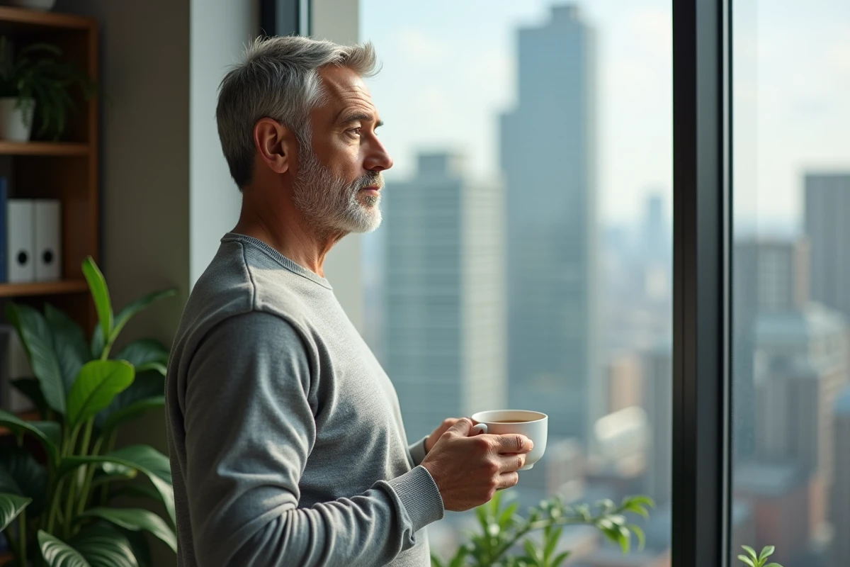 Homme pensif avec tasse de tisane dans un bureau lumineux