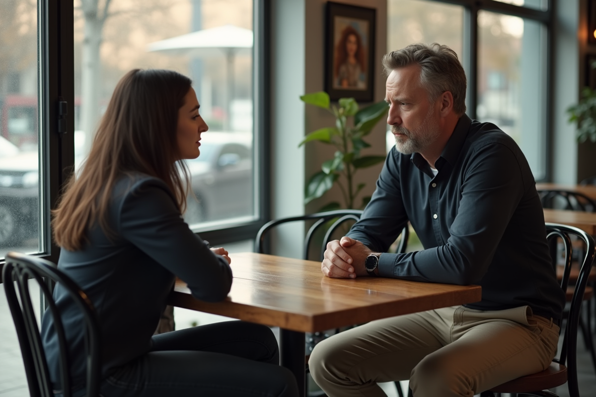 Homme et jeune femme discutant dans un café moderne