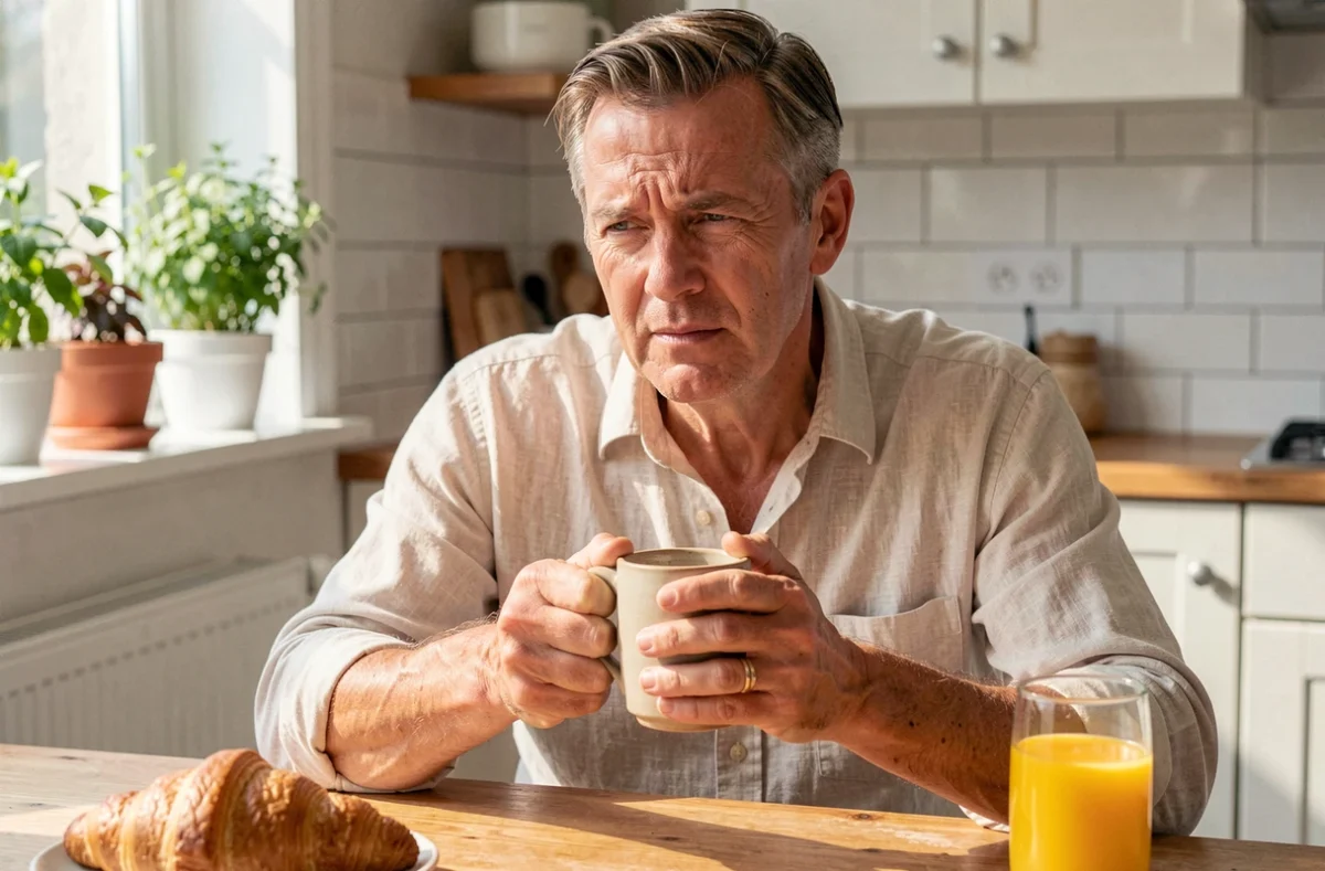 Homme mature tenant une tasse de café le matin à la cuisine avec une tension musculaire dans le cou, habitudes de sommeil et caféine