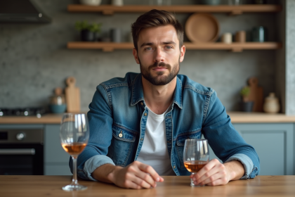 Homme décontracté dans la cuisine moderne avec verre d'eau