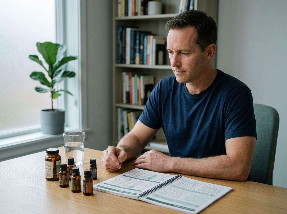 Homme consultant un guide nutritionnel entouré de compléments naturels sur un bureau avant de modifier son régime alimentaire