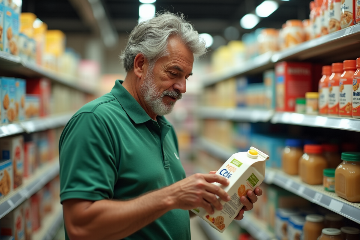 Homme achetant du lait végétal dans une épicerie