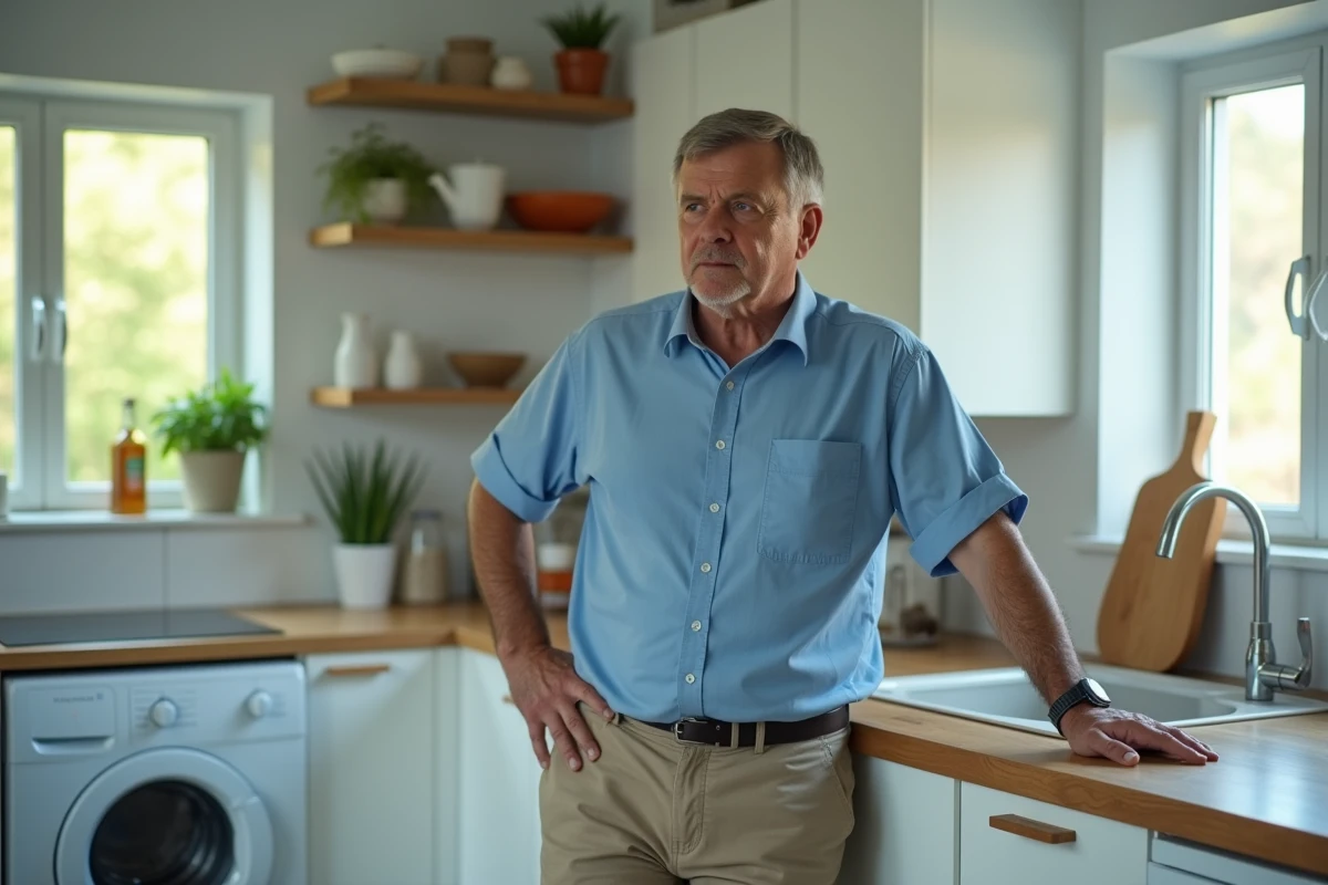 Homme préoccupé dans la cuisine moderne