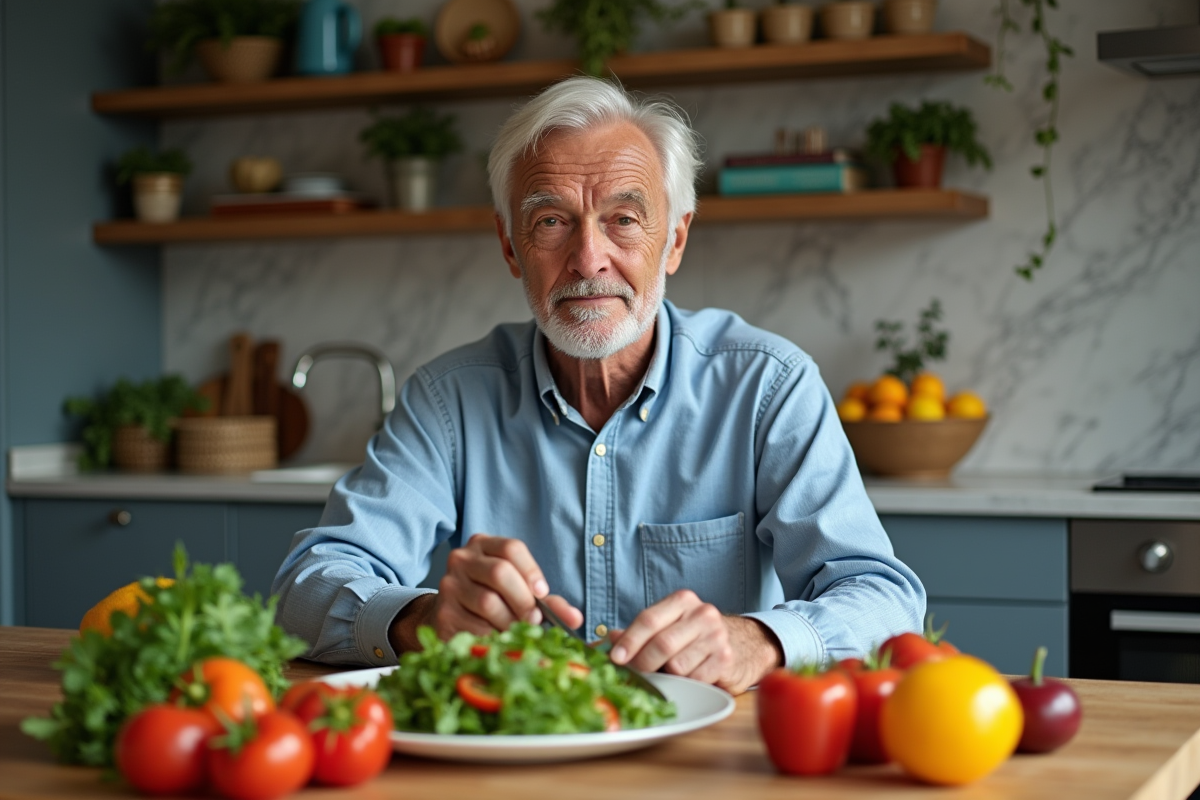 Homme senior préparant une salade dans la cuisine chaleureuse