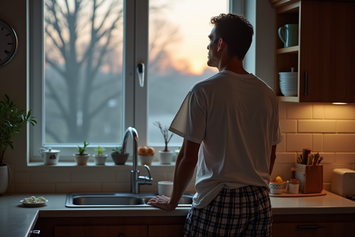 Homme buvant une tisane près de la fenêtre au matin