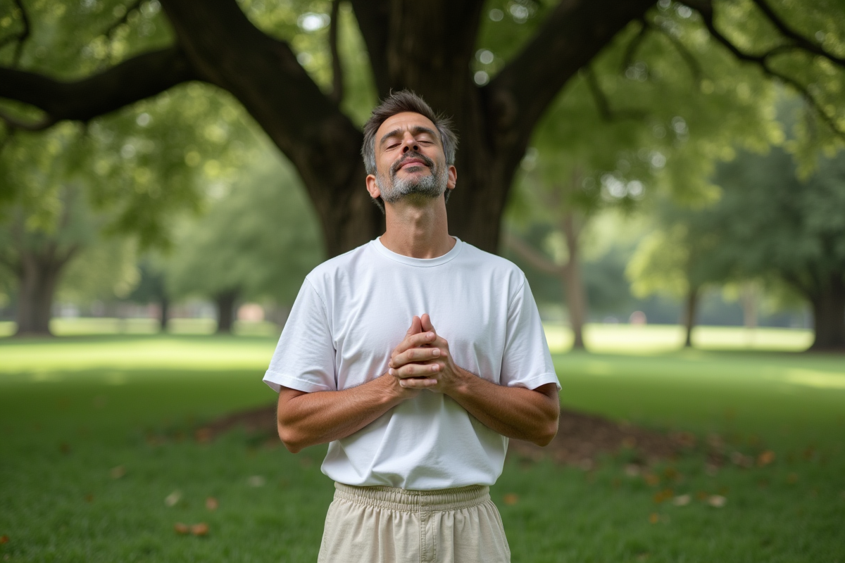 Homme debout sous un chêne dans un parc naturel