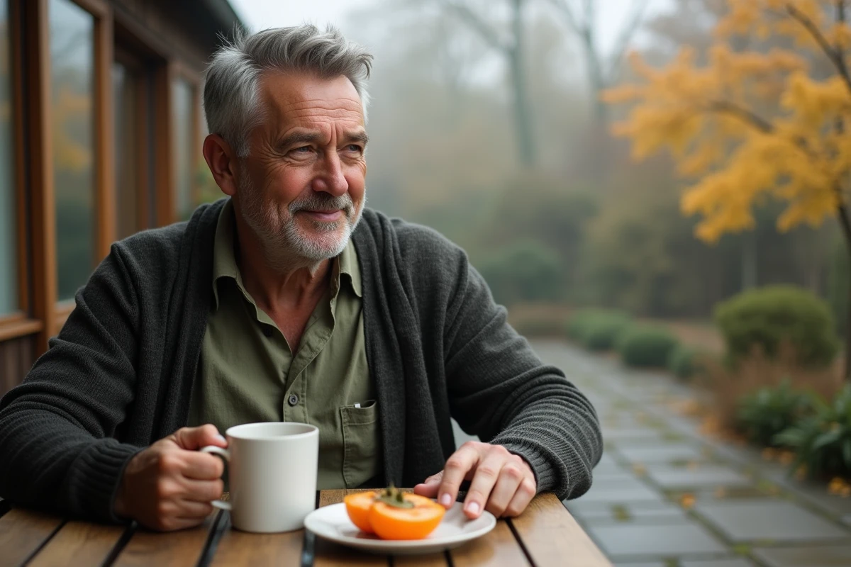 Homme dégustant des tranches de kaki en terrasse par un matin d'automne brumeux, symbolisant une cure automnale de kakis pour renforcer les défenses naturelles