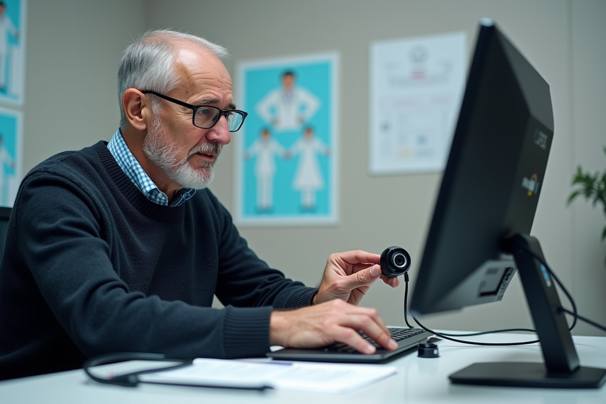 Médecin âgé préparant une webcam dans une salle de consultation