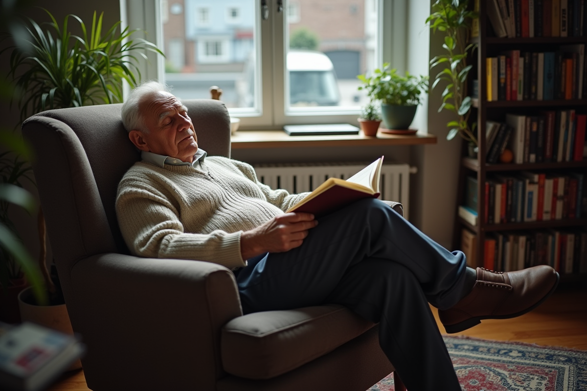 Homme agee reposant dans un fauteuil avec livre