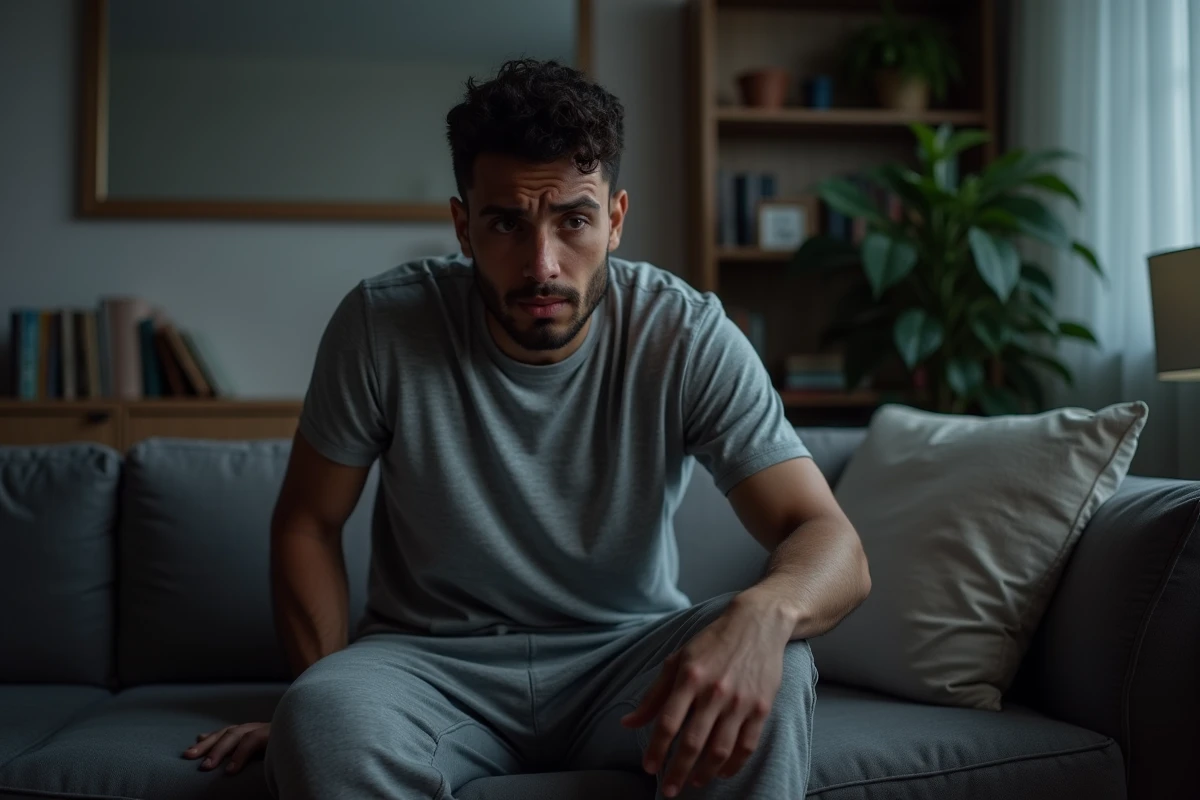 Jeune homme assis sur le canap&eacute; avec douleur abdominale