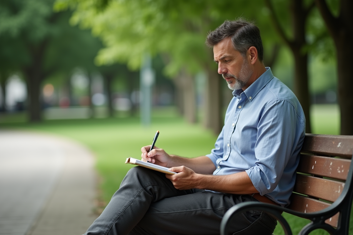 Homme écrivant dans un carnet au parc