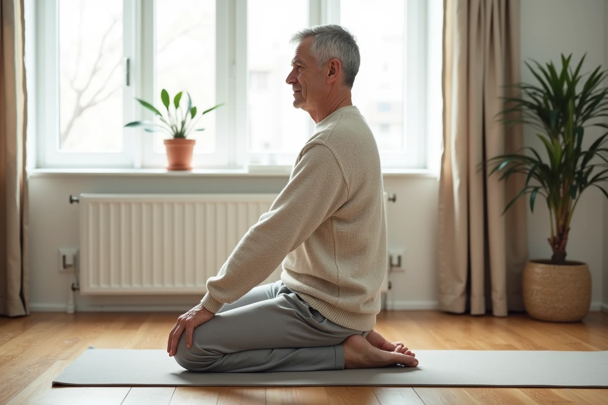 Homme moyen effectuant un &eacute;tirement pour sciatique