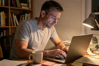 Homme fatigué devant un écran d'ordinateur la nuit avec une tasse de café, muscles du cou et des épaules contractés