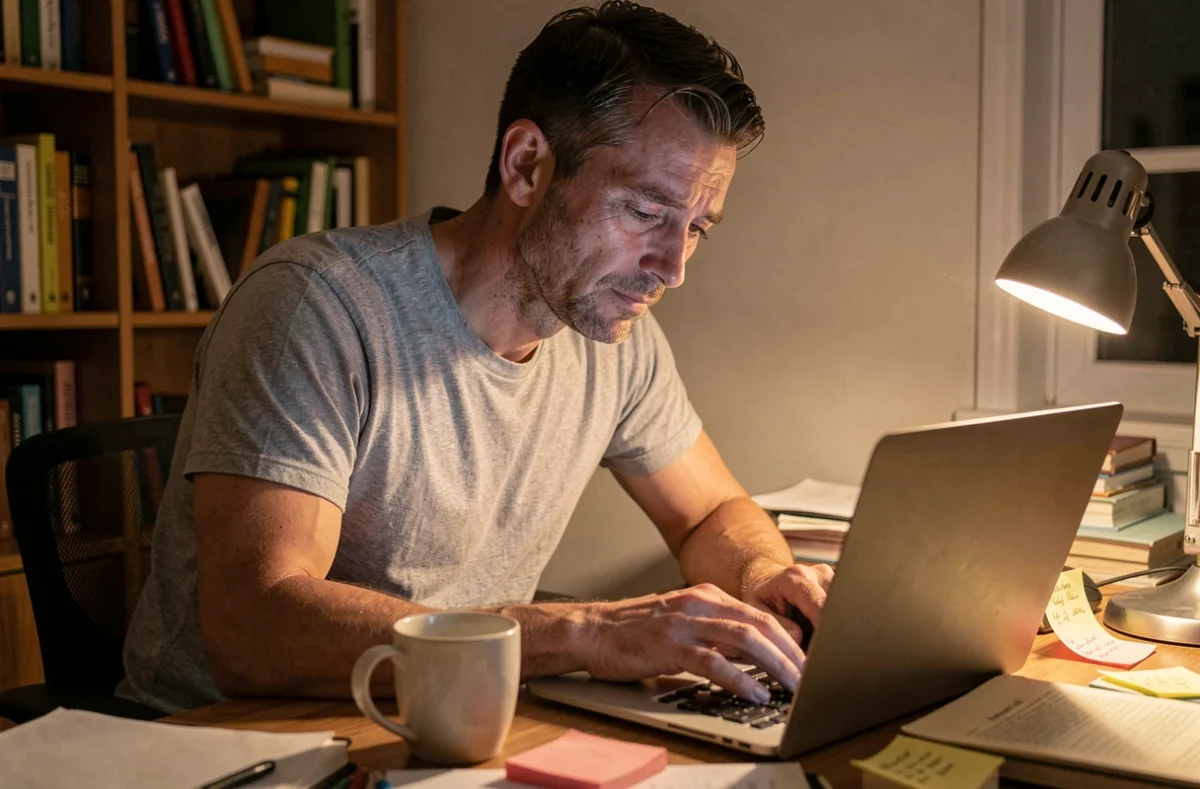 Homme fatigué devant un écran d'ordinateur la nuit avec une tasse de café, muscles du cou et des épaules contractés