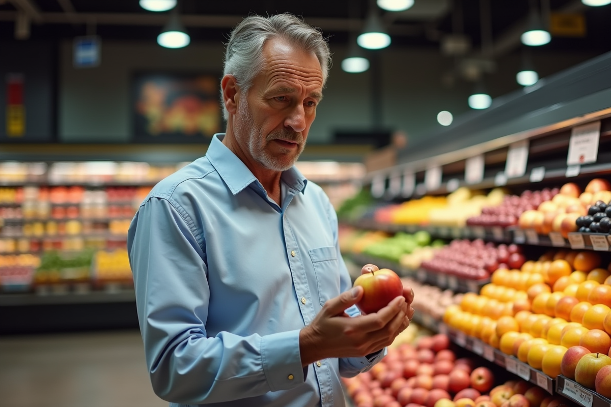 Homme inspectant une pomme dans un rayon de supermarché
