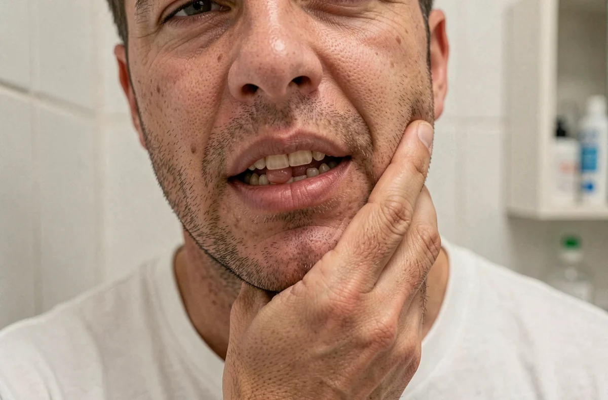 Homme adulte avec une gencive gonflée touchant sa mâchoire, symptôme d'une dent en train de pousser