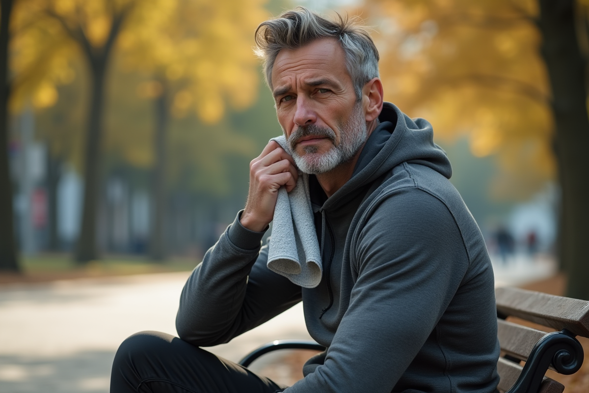 Homme en jogging dans un parc urbain après une course matinale