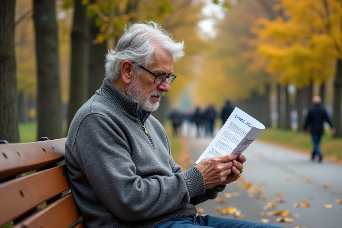 Homme âgé lisant une brochure de vaccination en plein air