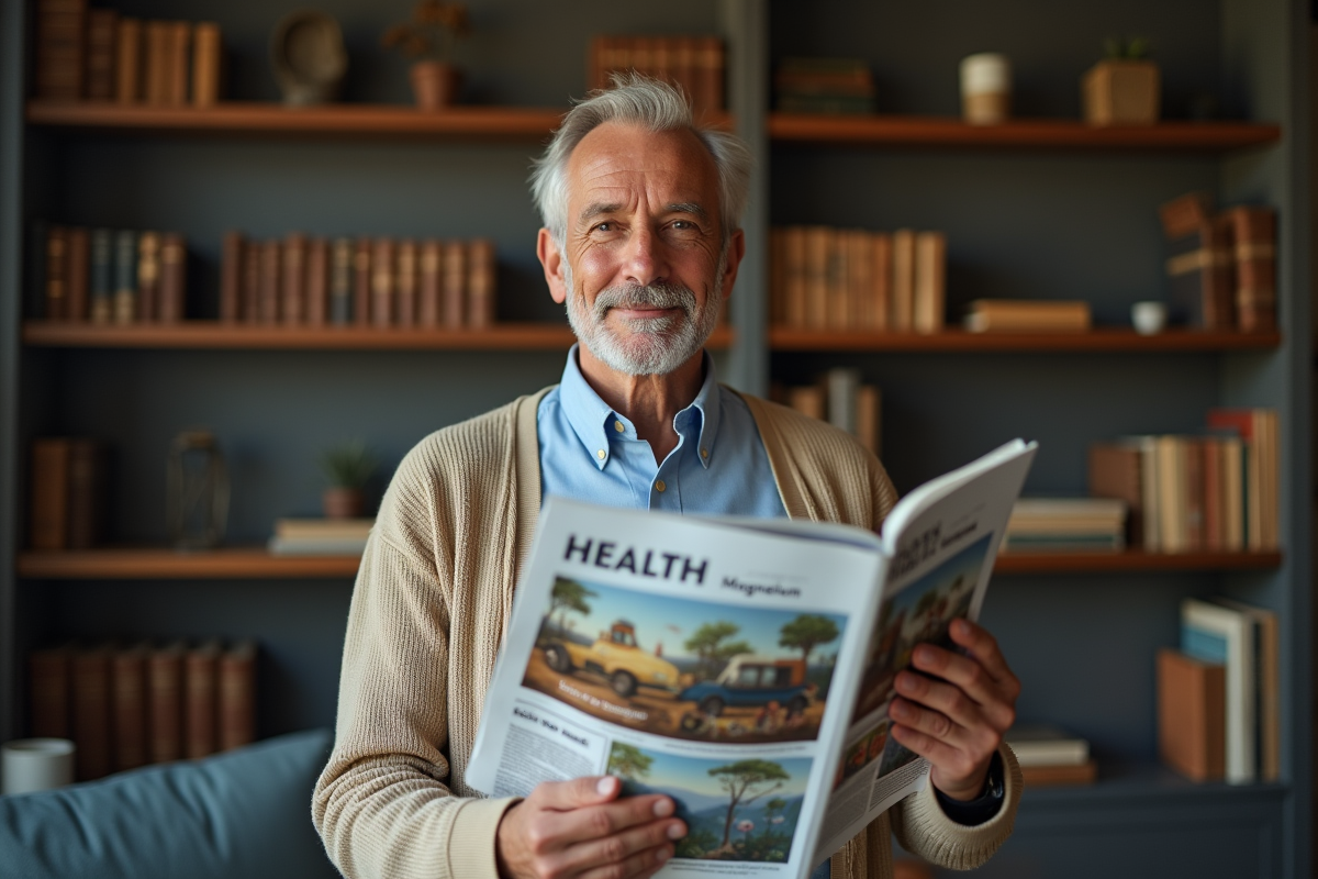 Homme feuilletant un magazine santé avec un magazine magnesium
