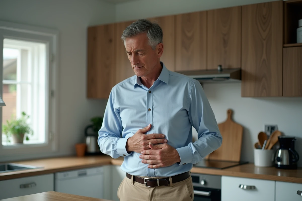 Homme en cuisine se tenant le ventre avec souci