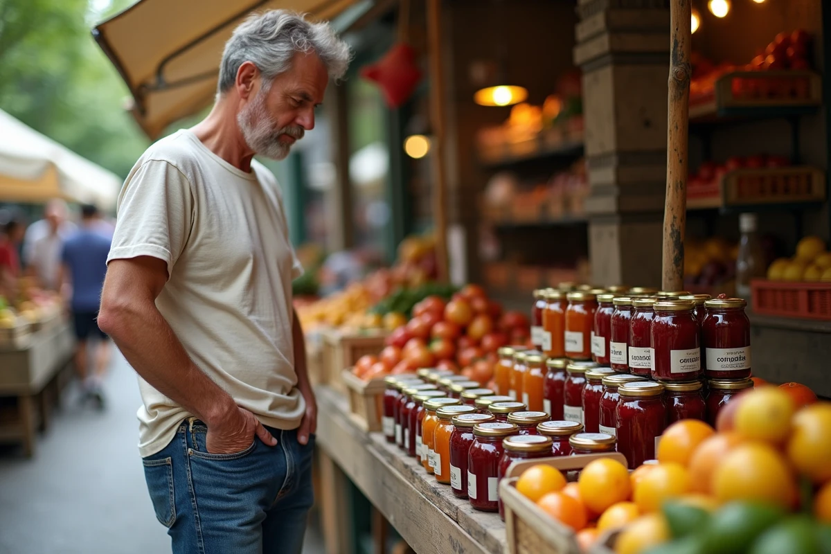 Homme au march&eacute; examinant des pots de compote