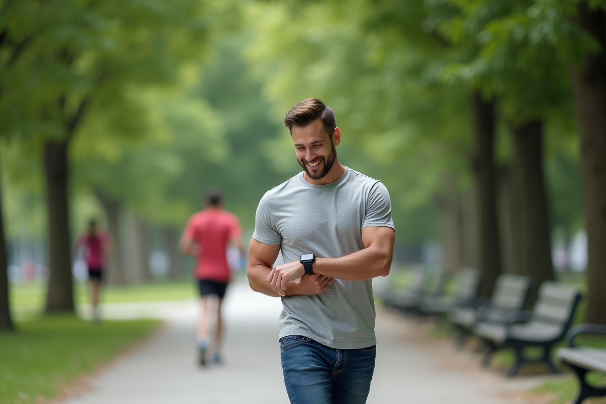 Homme en marche dans un parc urbain avec montre connectée