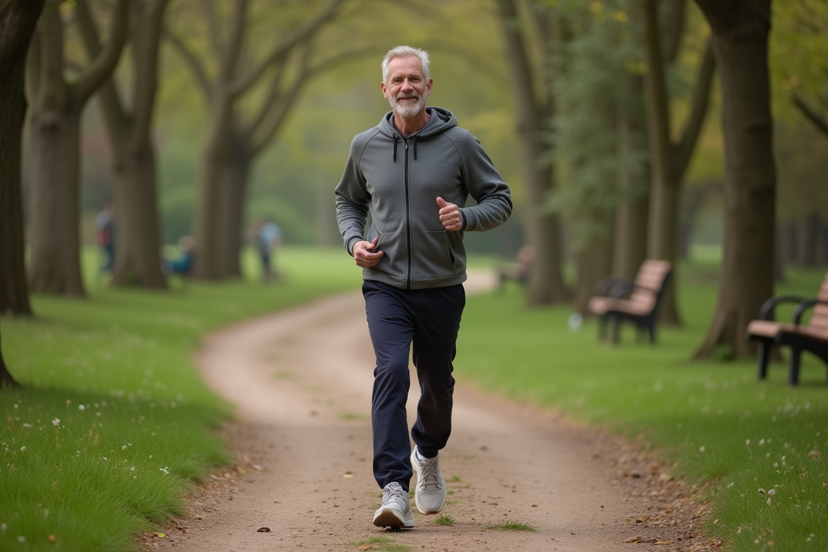 Homme en marche rapide dans un parc boisé